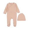 Pale pink brushed cotton footie + beanie by Lilette