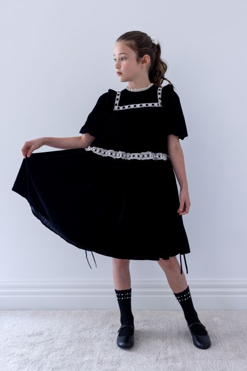 Petite Amalie Ribbon lace trim short sleeve velvet dress