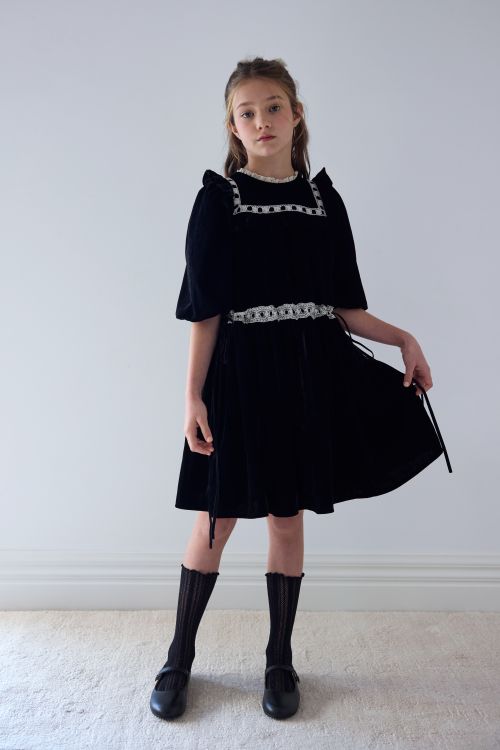 Petite Amalie Ribbon lace trim elbow sleeve velvet dress