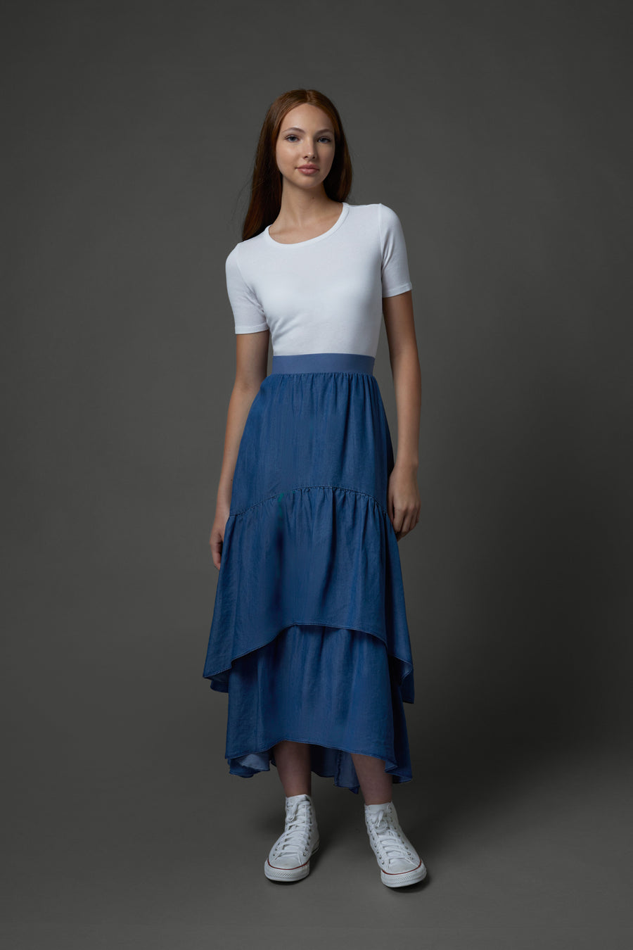 Blue denim layered skirt by Zaikamoya