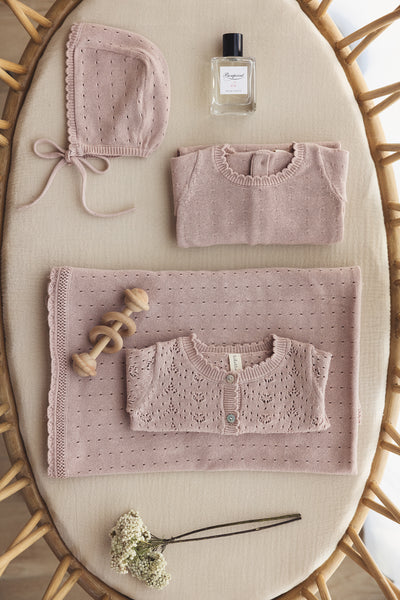 Dotted knit pink footie + bonnet by Lilette