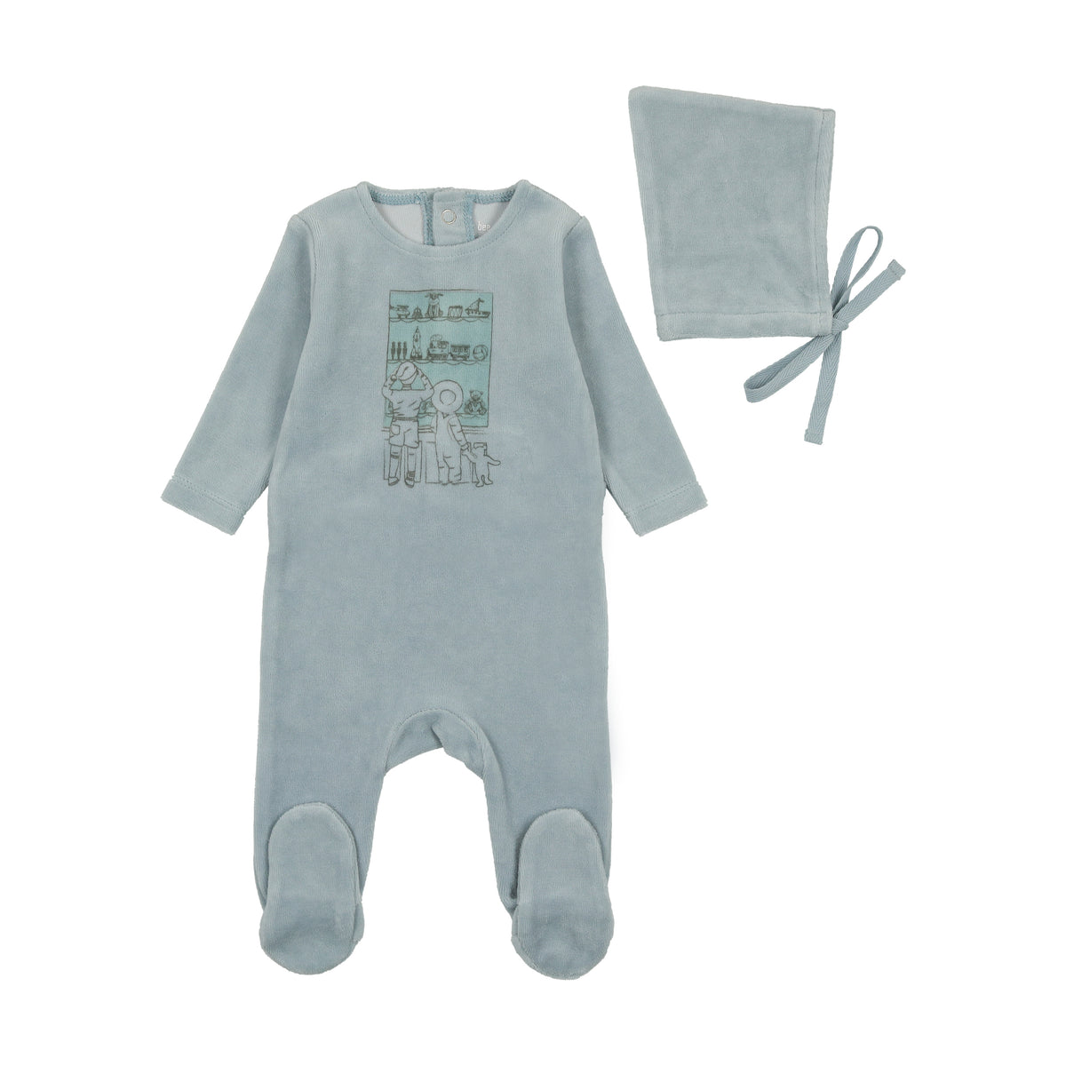 Bee & Dee Velour Window Footie with Beanie - Dusty Blue Bee & Dee Velour Window Footie with Beanie - Dusty Blue