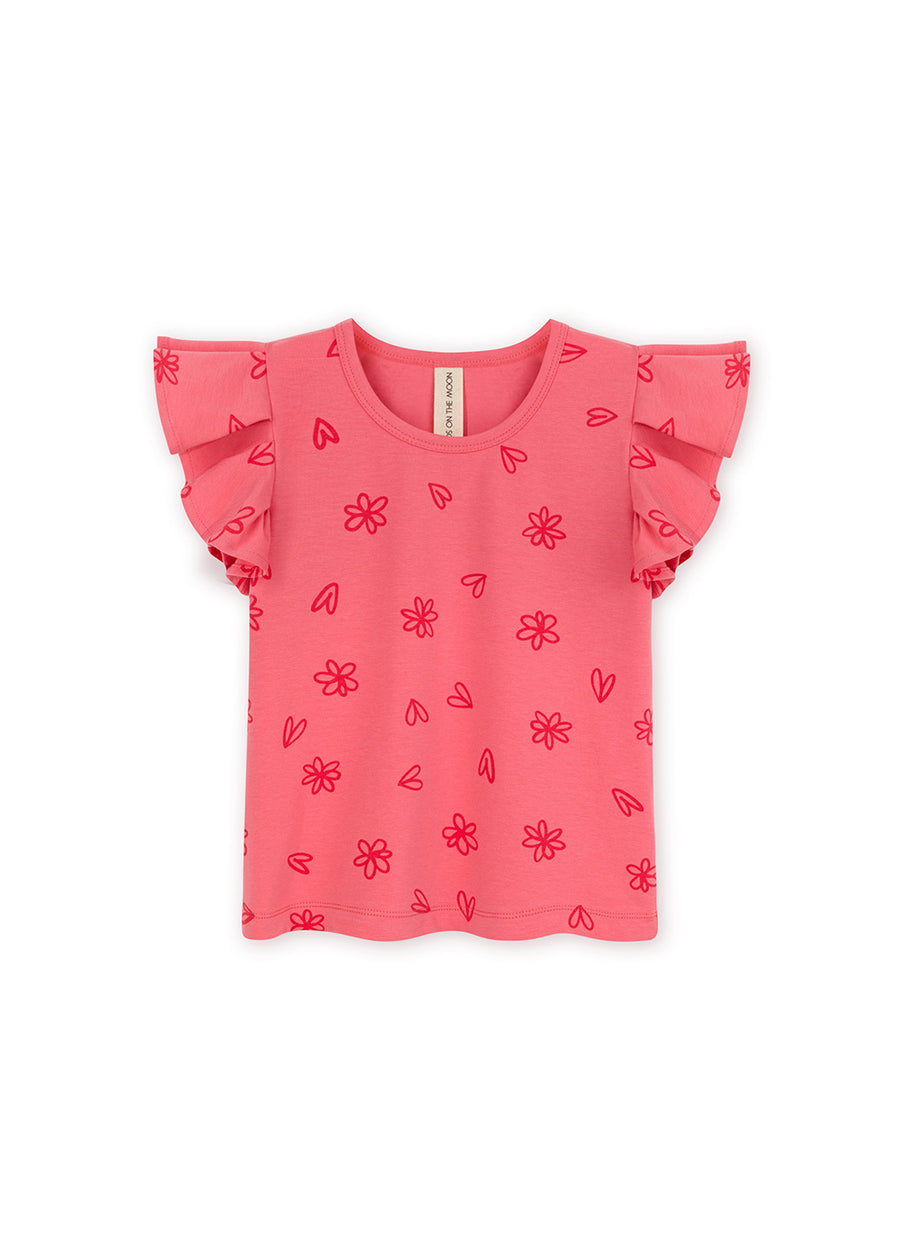 Ruffled sleeve printed red t-shirt by Kids On The Moon