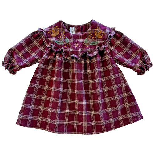 Babe & Tess Embroidery plaid plum dress