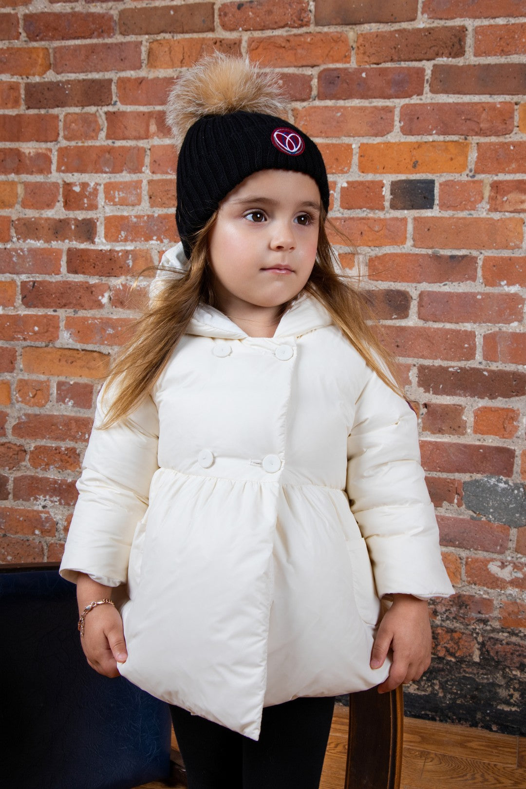 Ellabee Gold fox fur black pom pom hat