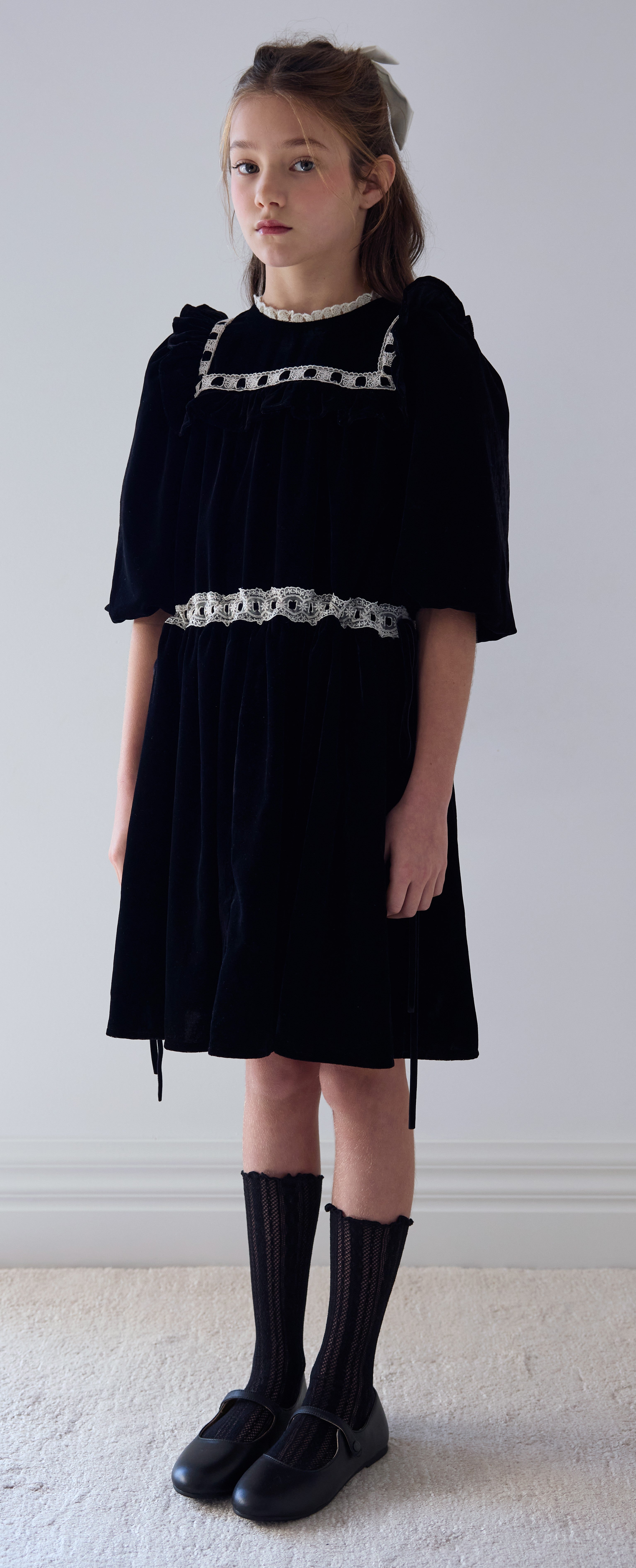 Petite Amalie Ribbon lace trim elbow sleeve velvet dress