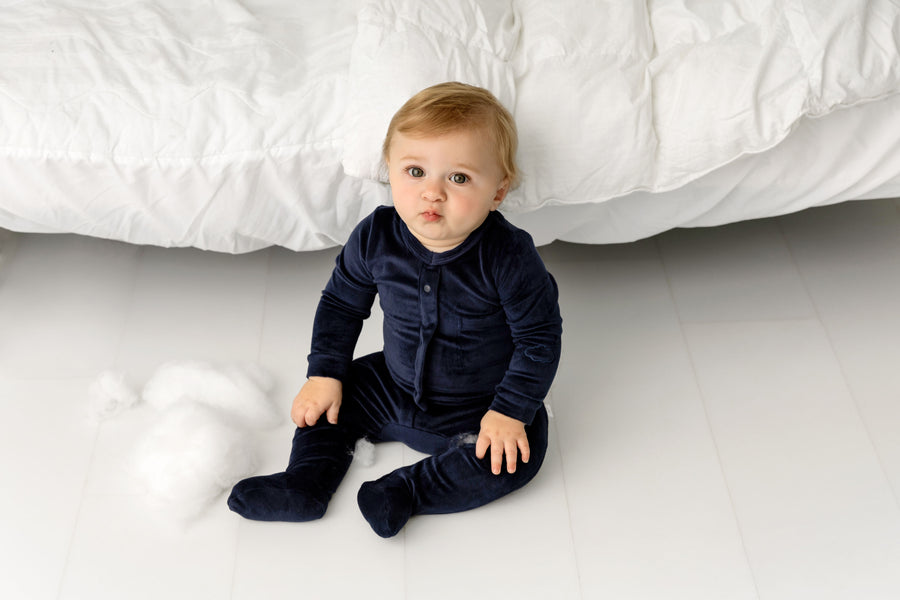 Velour navy footie by Pouf