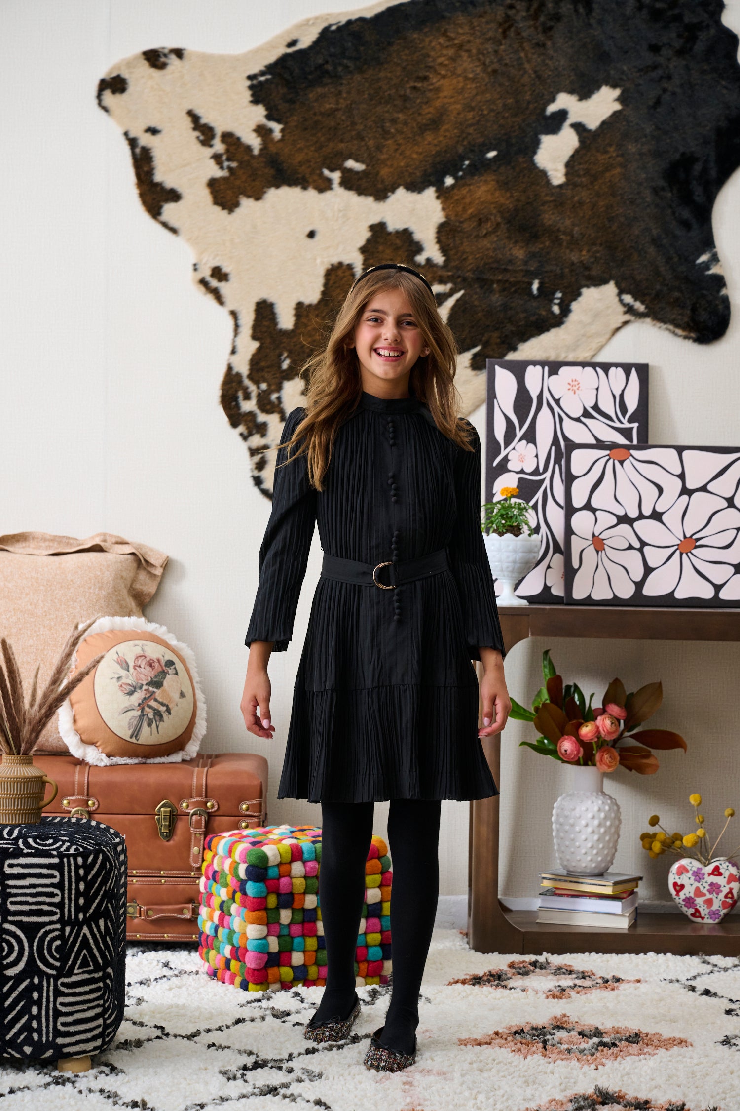Porter Belted pleated black dress