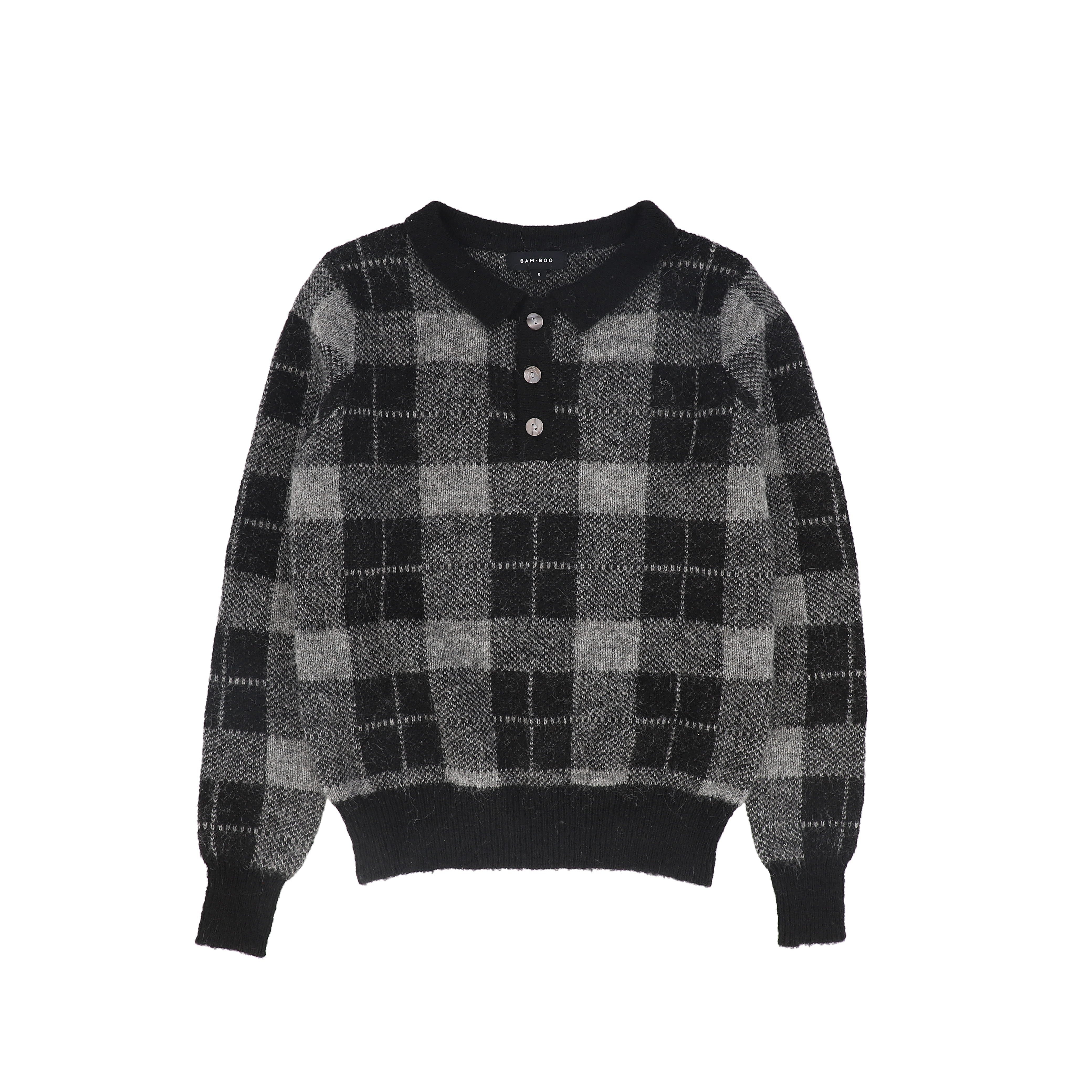 Bamboo Plaid knit collar charcoal sweater