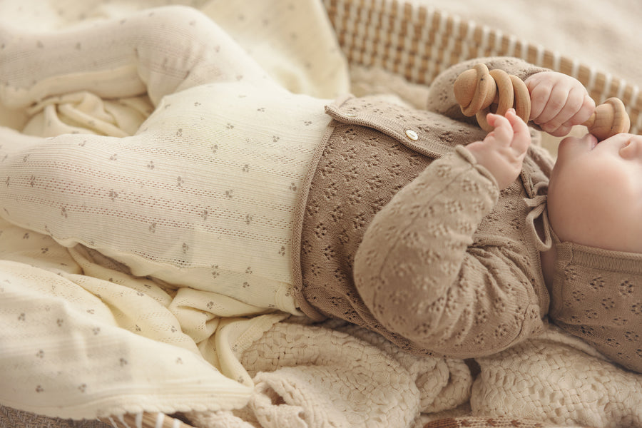 Printed pointelle milk/taupe footie set by Lilette