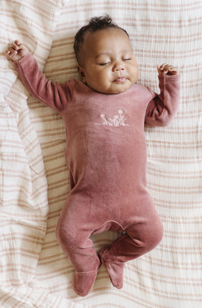Embroidered flowers pink velour footie by Ely's & Co
