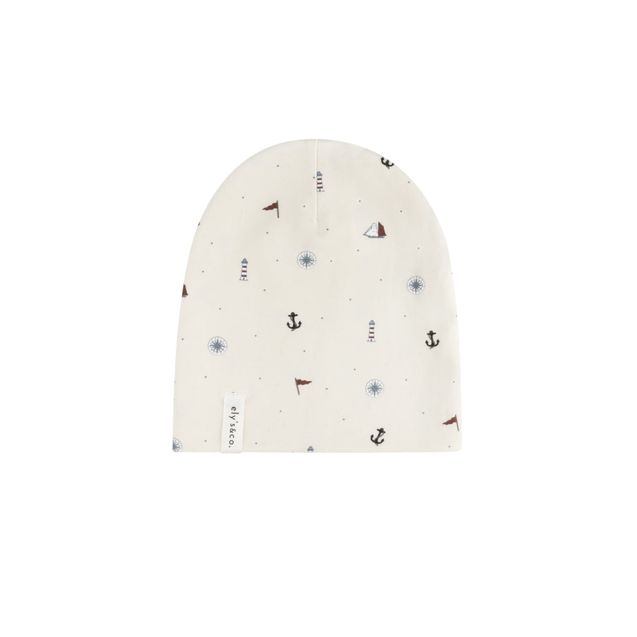 Nautical printed ivory footie + beanie by Ely's & Co