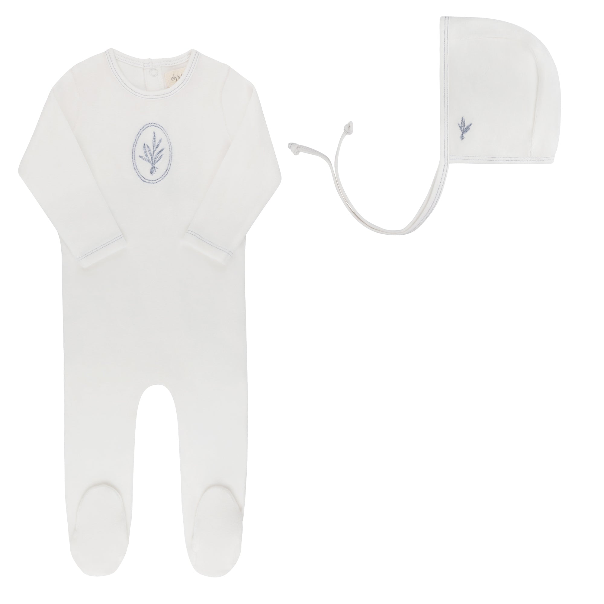 Ely's & Co Center floral velour ivory/blue footie + bonnet