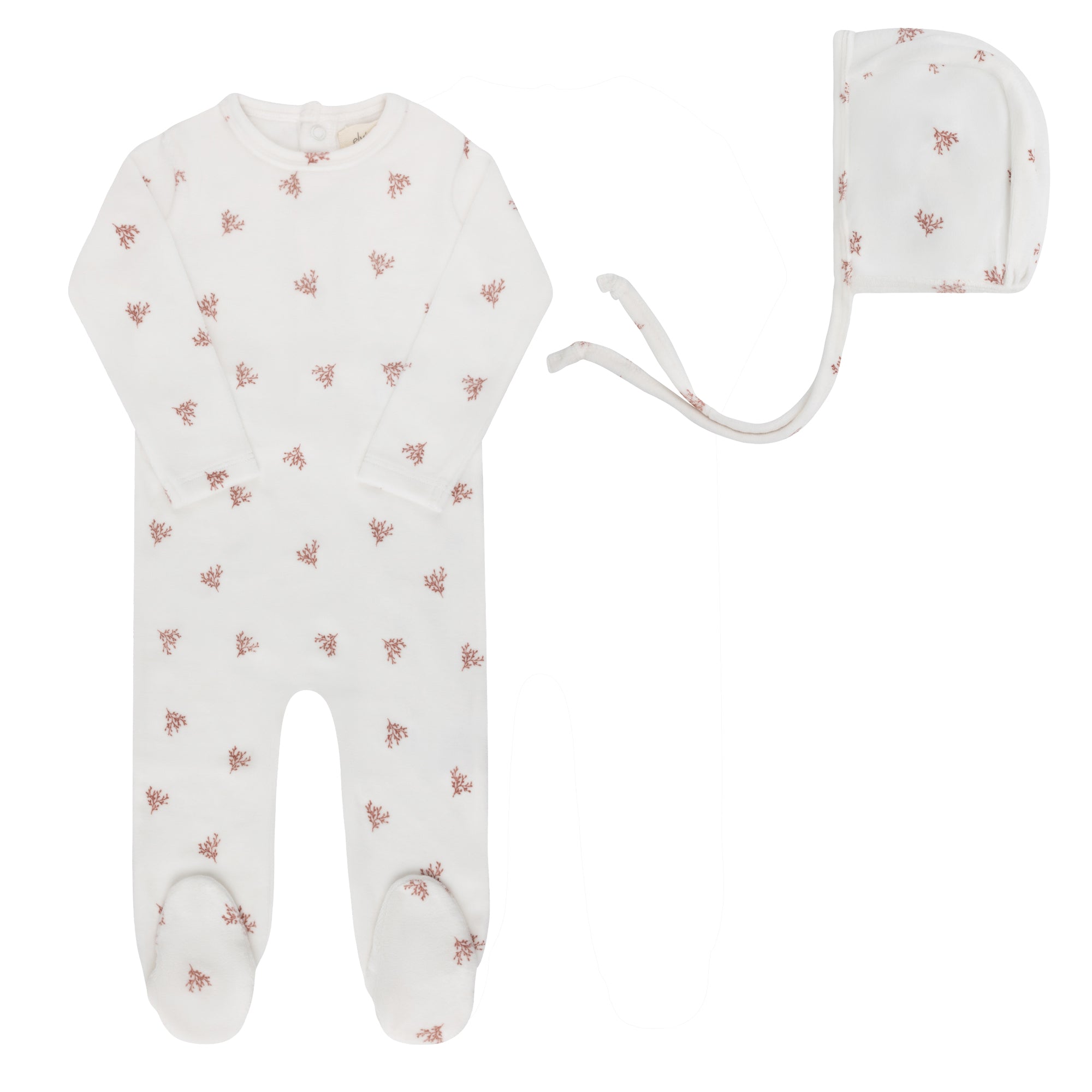 Ely's & Co Leaf pattern ivory girl velour footie + bonnet