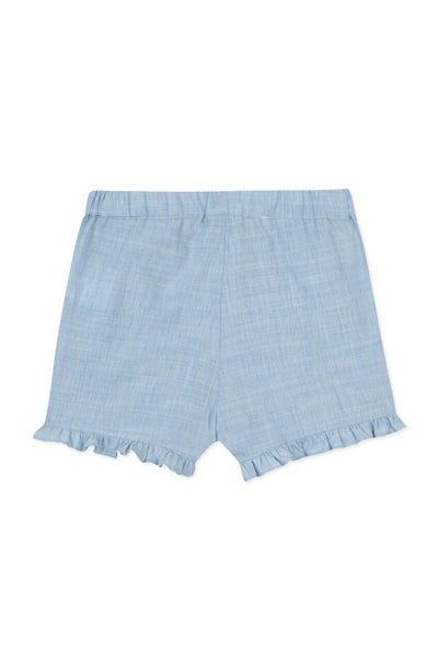 Denim blue ruffle shorts by Tartine Et Chocolat