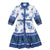 Royal blue floral white linen dress by Porter