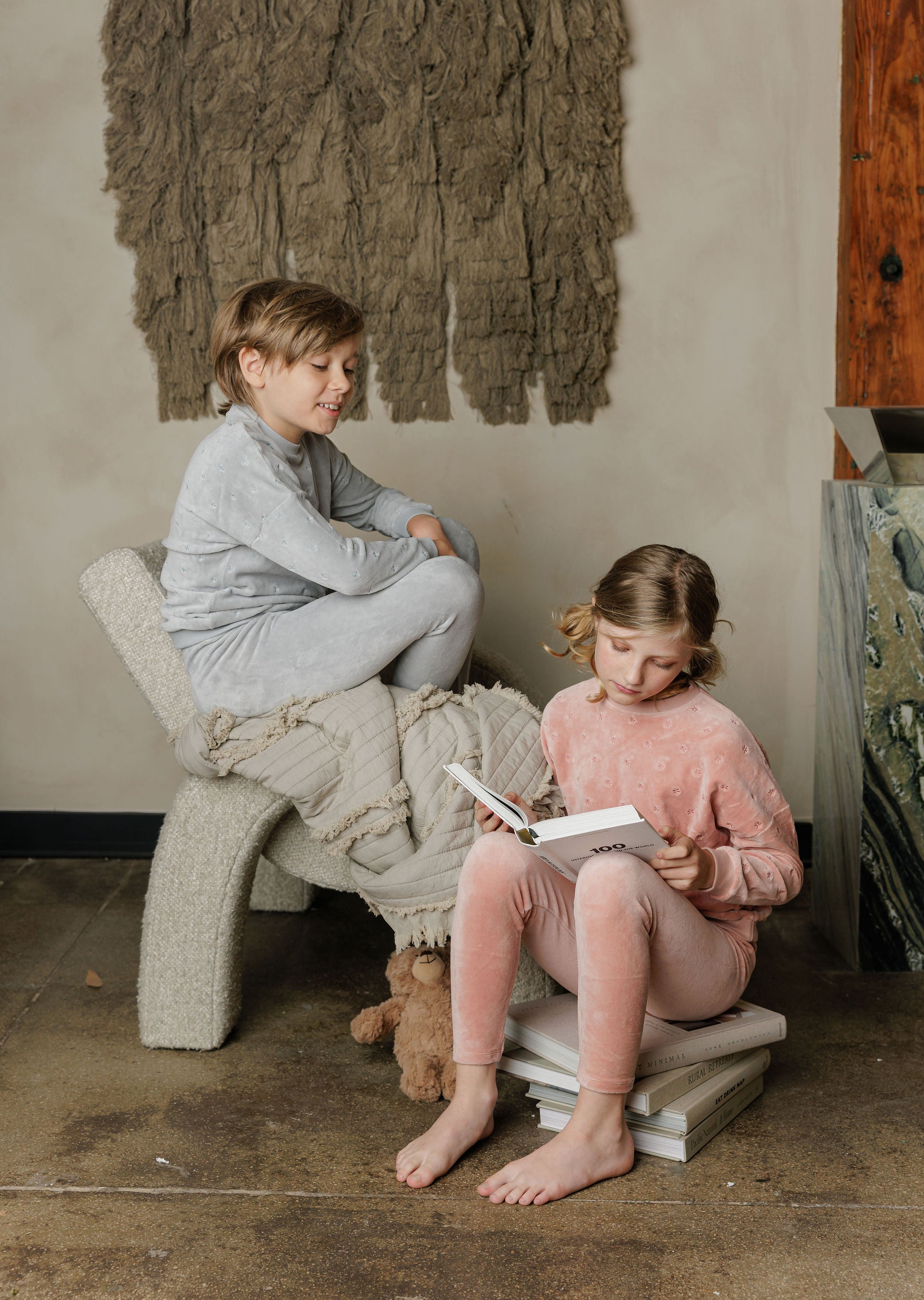 Ely's & Co Embroidered floral blue velour lounge set