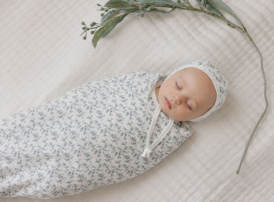 Vine pattern ivory blue on ivory footie + bonnet by Ely's & Co