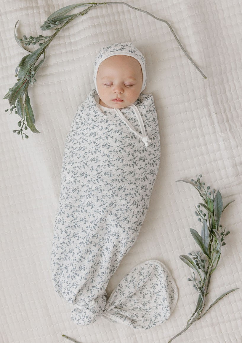 Ely's & Co Velour Vine Pattern Collection Footie & Bonnet - Blue on Ivory