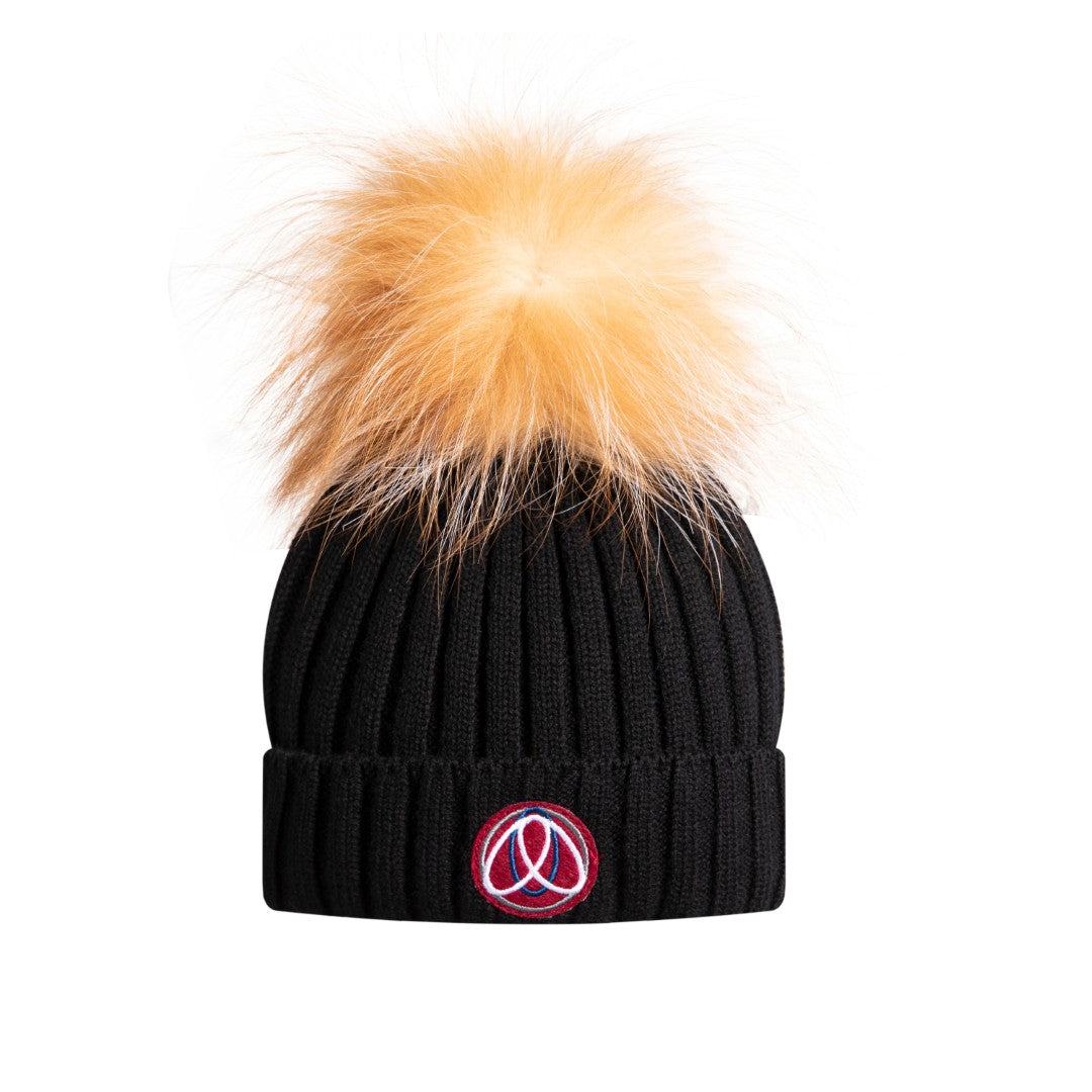 Ellabee Gold fox fur black pom pom hat