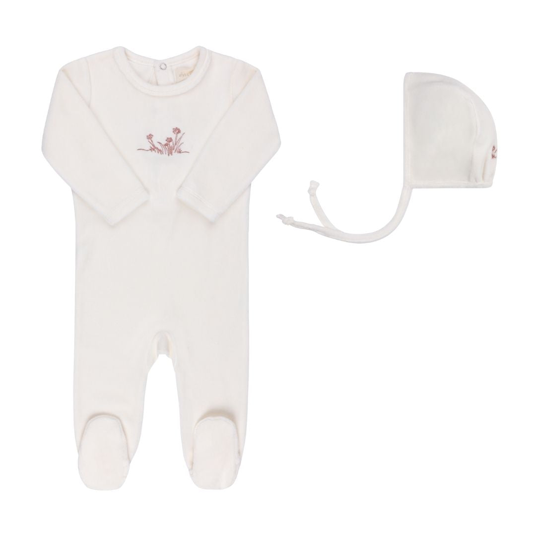 Velour Stitching Ivory & Grey Footie & Bonnet Velour Stitching Ivory & Grey Footie & Bonnet
