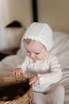 Lace trim cream footie + bonnet by Ely's & Co