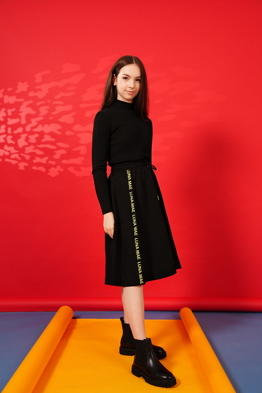 Side taping neon logo black skirt by Luna Mae