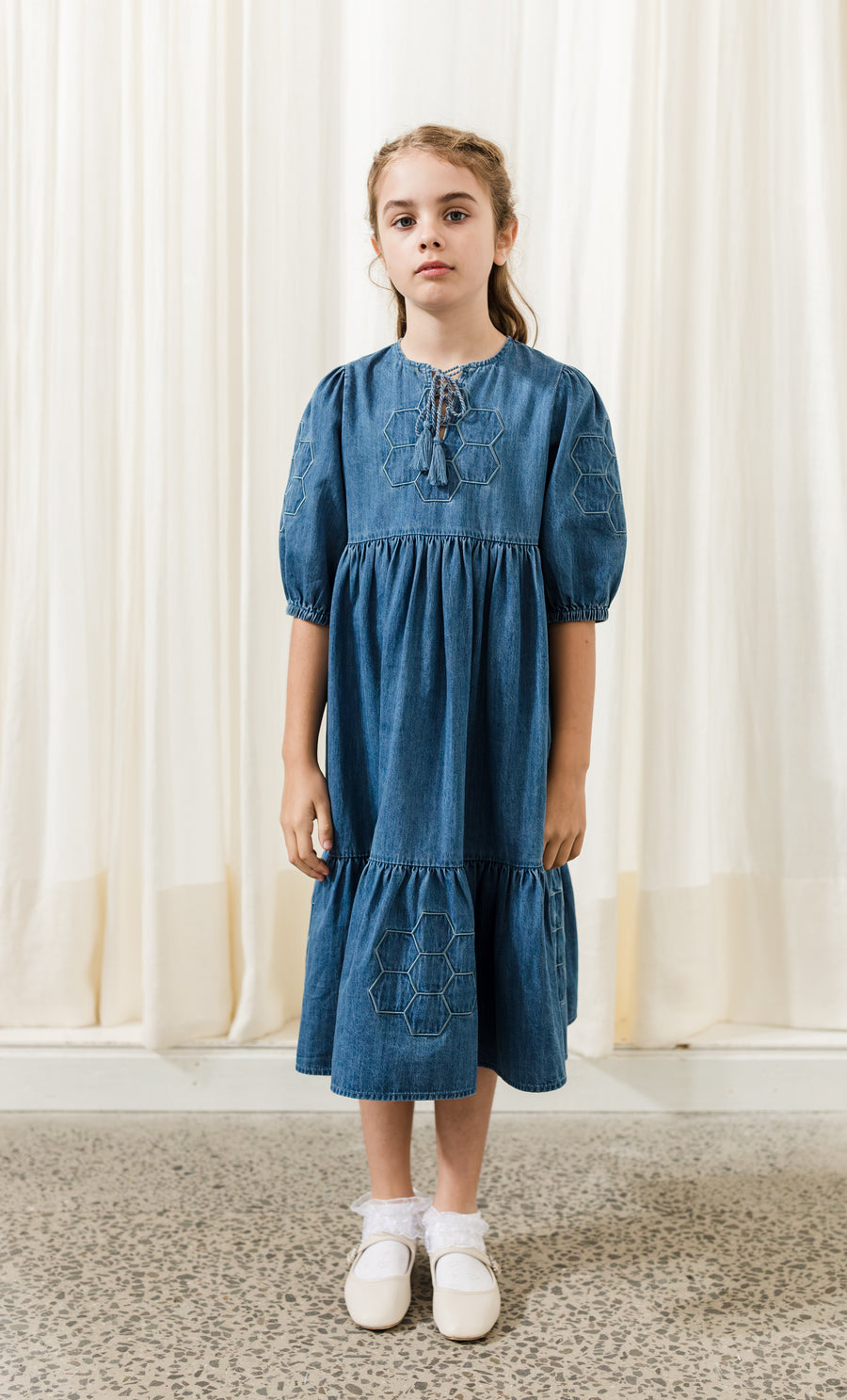 Chambray patchwork dress by Petite Pink