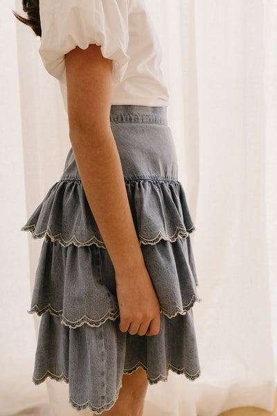Embroidered chambray layer skirt by Petite Pink