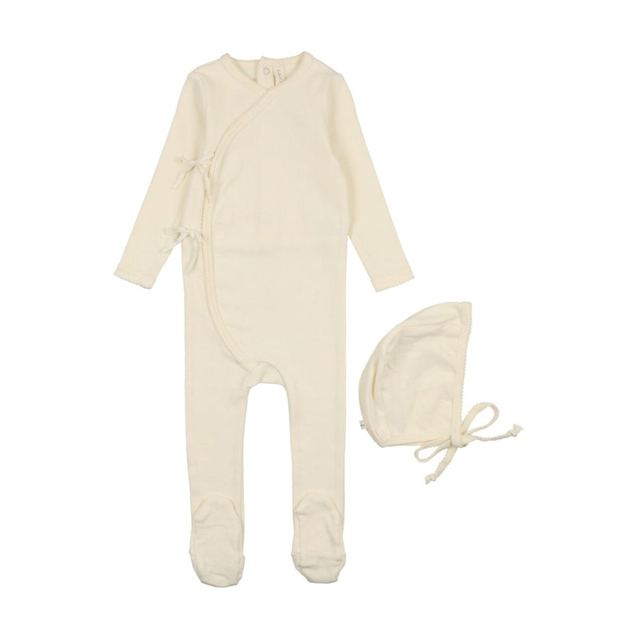 Vine cream pointelle footie + bonnet by Lilette