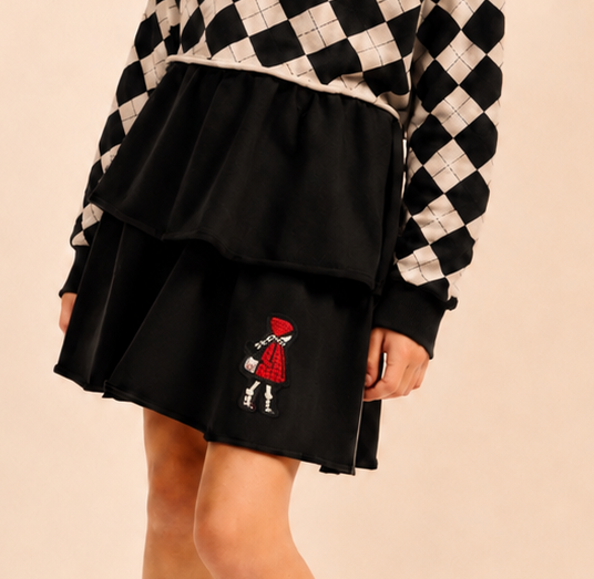 Little Parni doll patch tiered black skirt