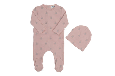 Embroidered petal pink footie + beanie by Bee & Dee