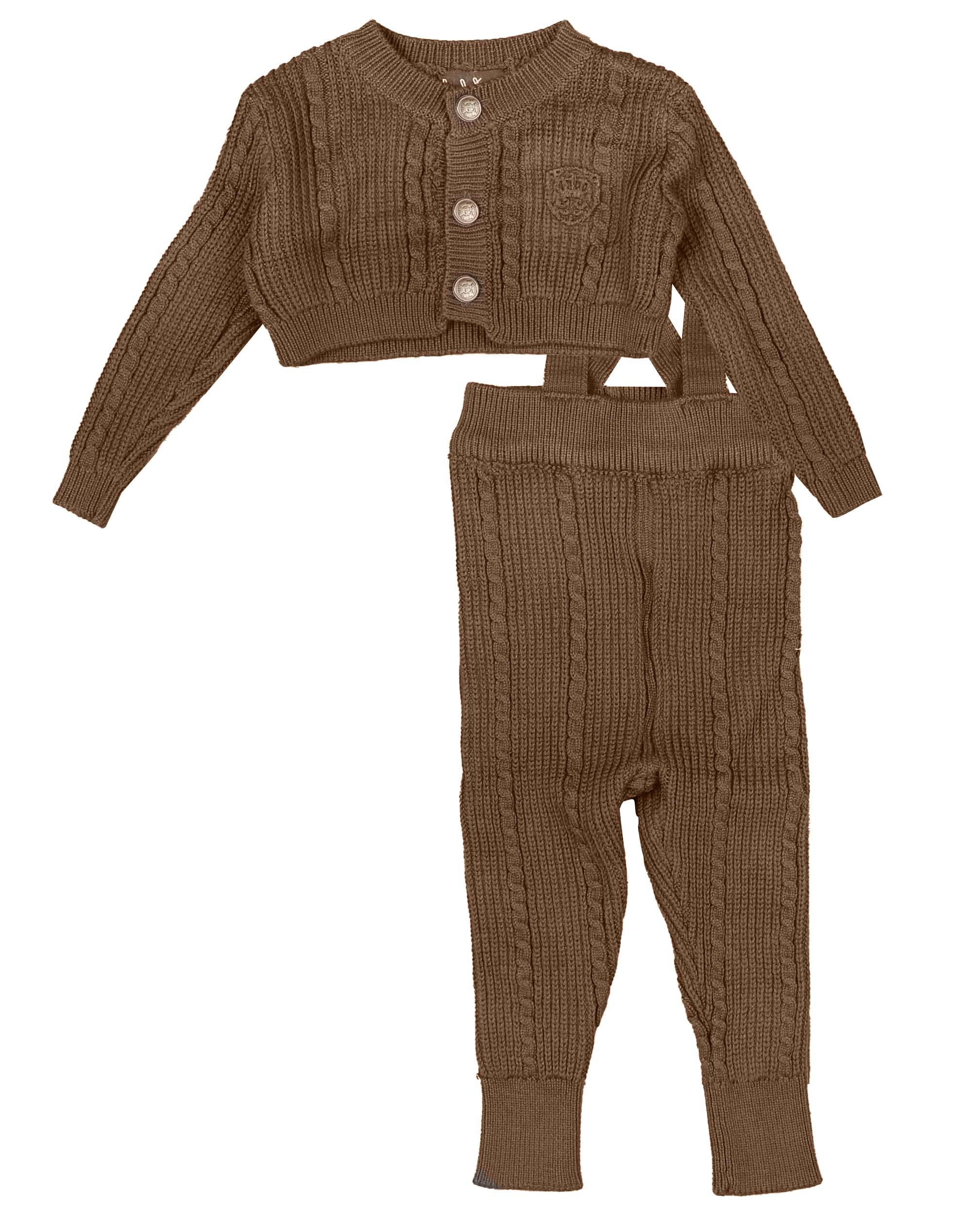 Belati Cable mocha cardigan & overall