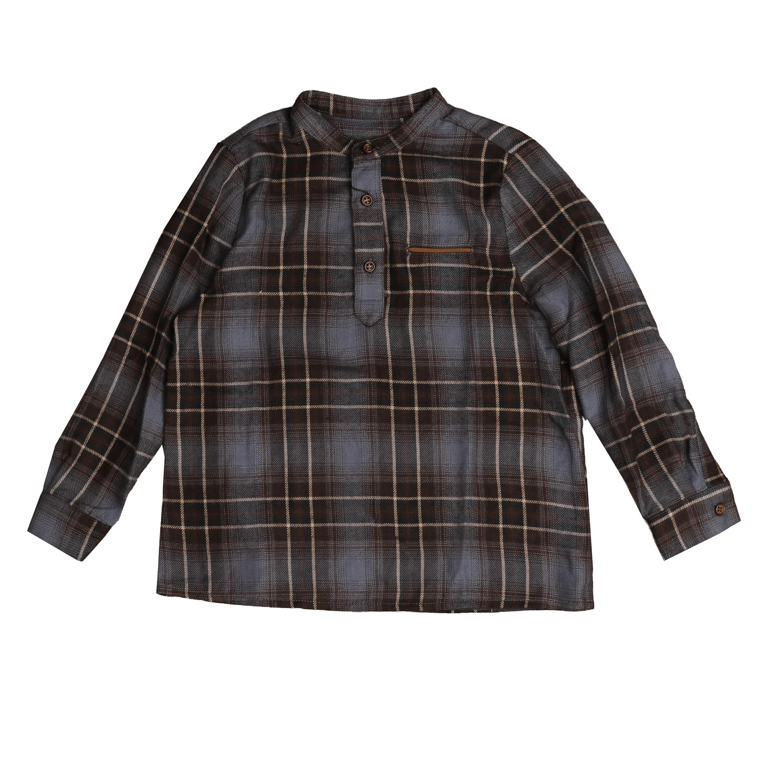 Belati Mandarin collar blue plaid shirt