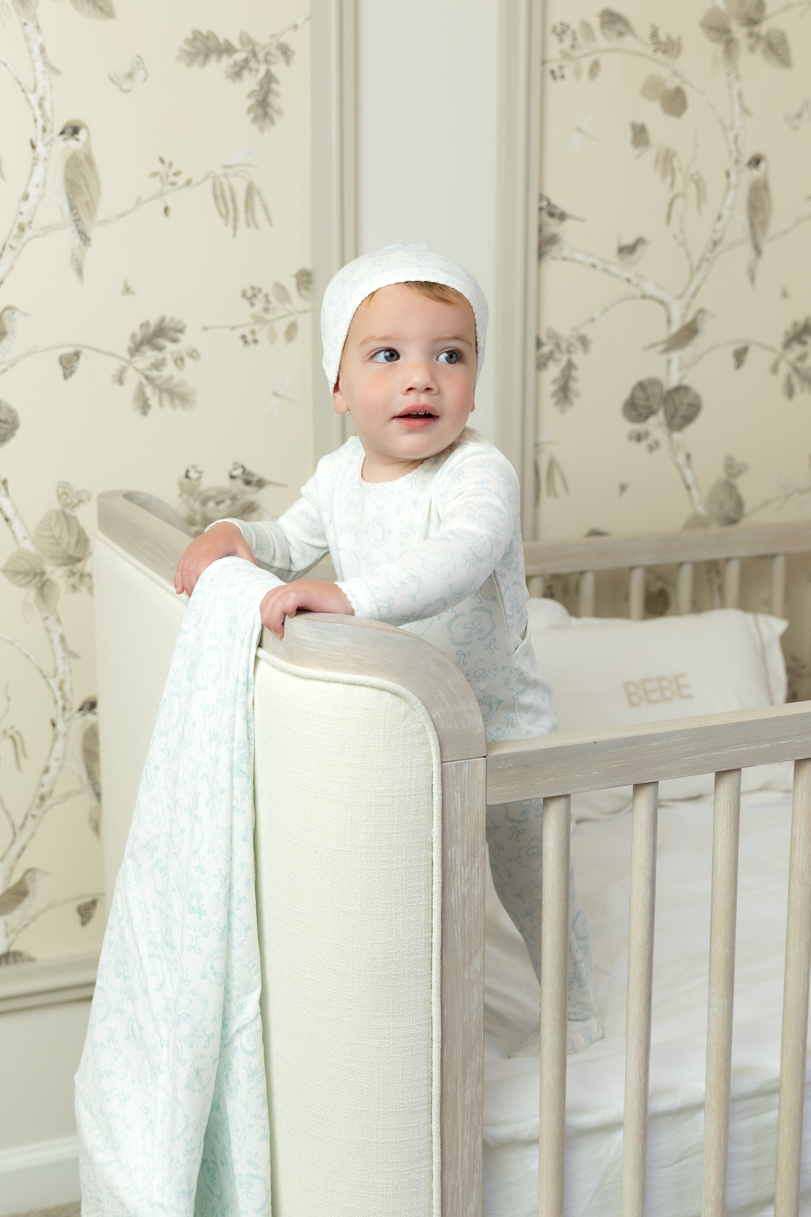 Bee & Dee Baby land toile blue footie + beanie