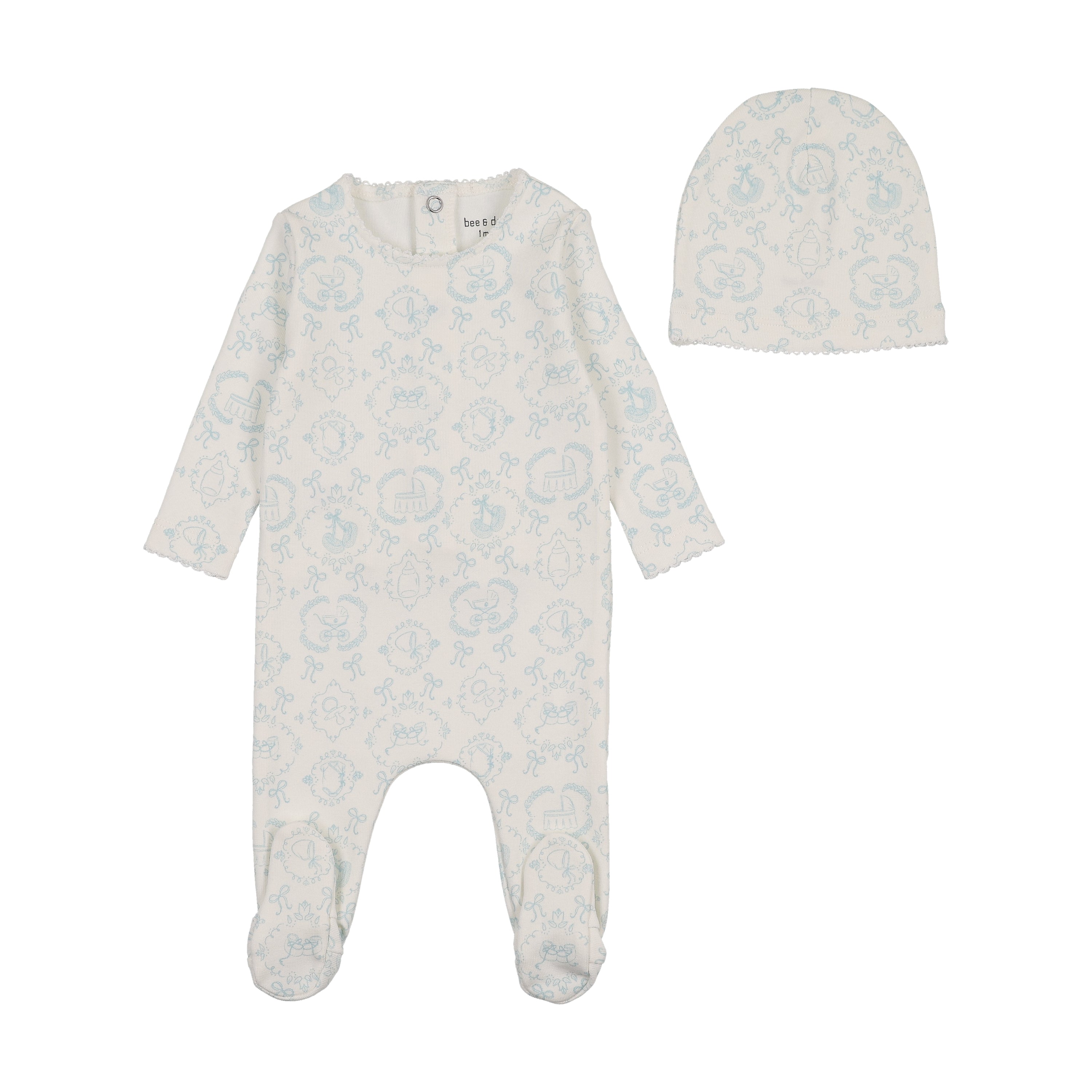 Bee & Dee Baby land toile blue footie + beanie