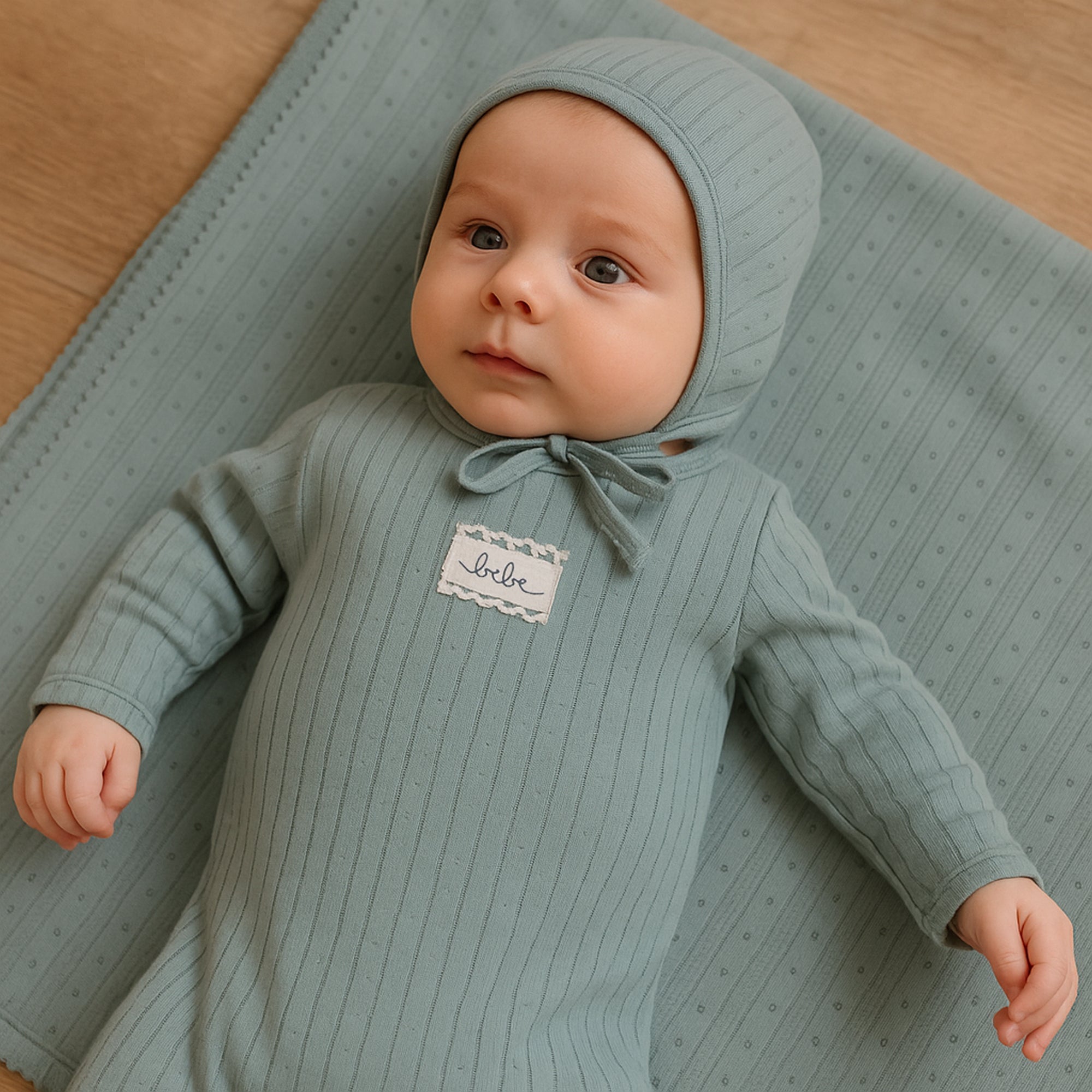 Maniere Bebe pointelle blue footie + beanie