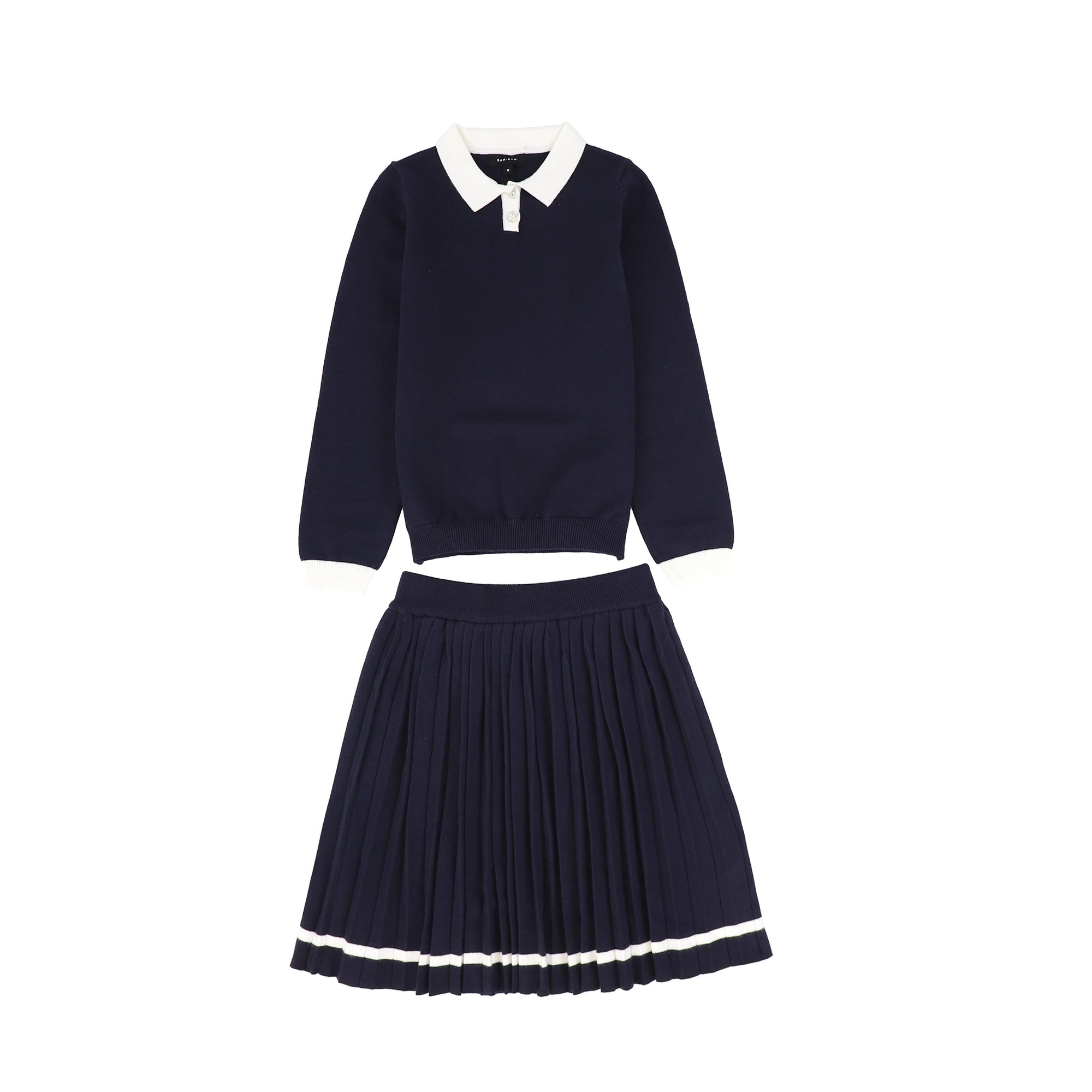Knit trim navy sweater pleated skirt set by Bamboo Flying Colors