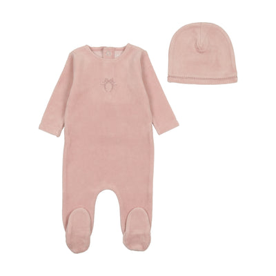 Bow wreath pink velour footie + beanie by Bee & Dee