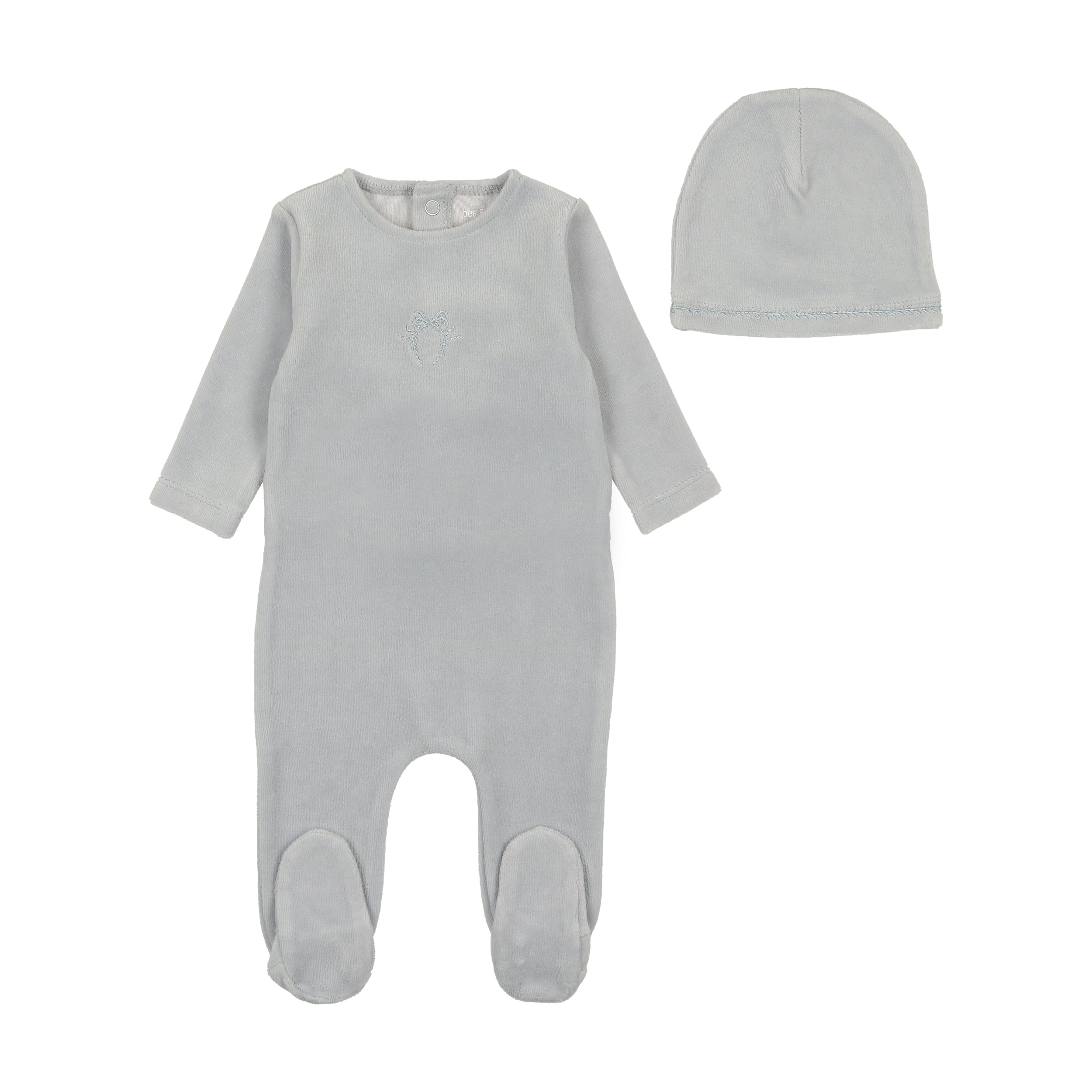 Bow wreath blue velour footie + beanie by Bee & Dee