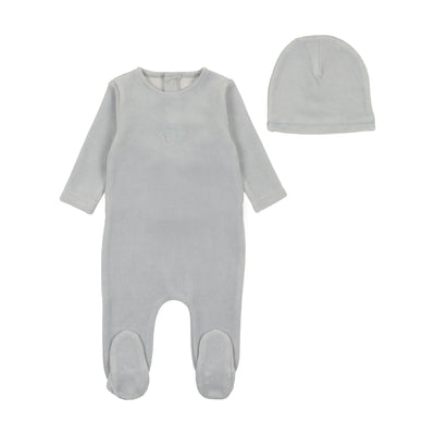 Bow wreath blue velour footie + beanie by Bee & Dee