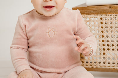 Bow wreath pink velour footie + beanie by Bee & Dee