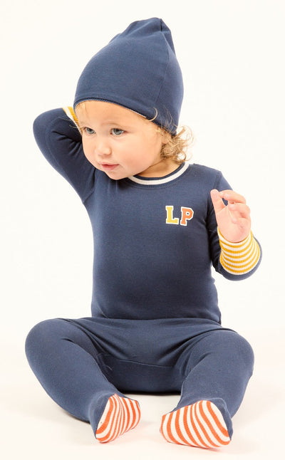 Varsity navy colorblock footie by Little Parni
