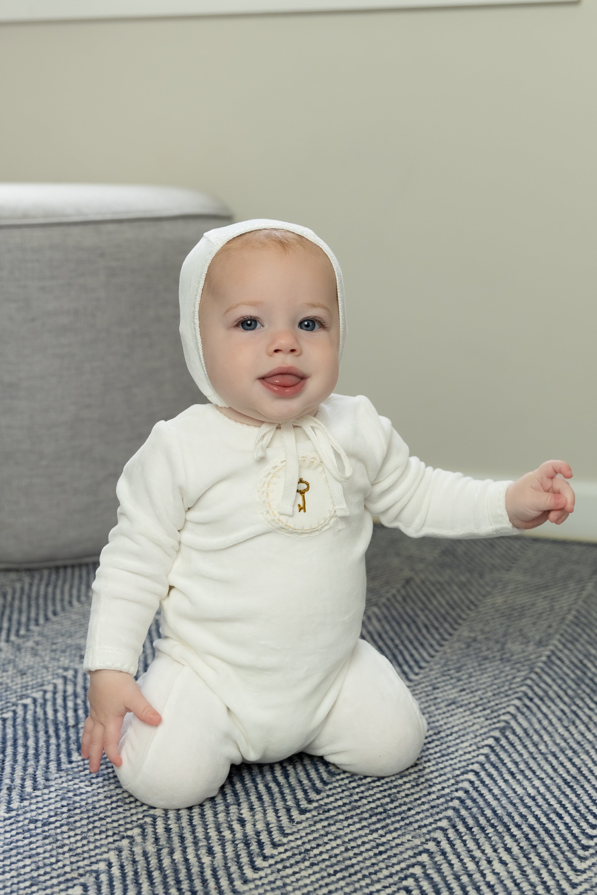 Bee & Dee Crochet key velour footie + bonnet