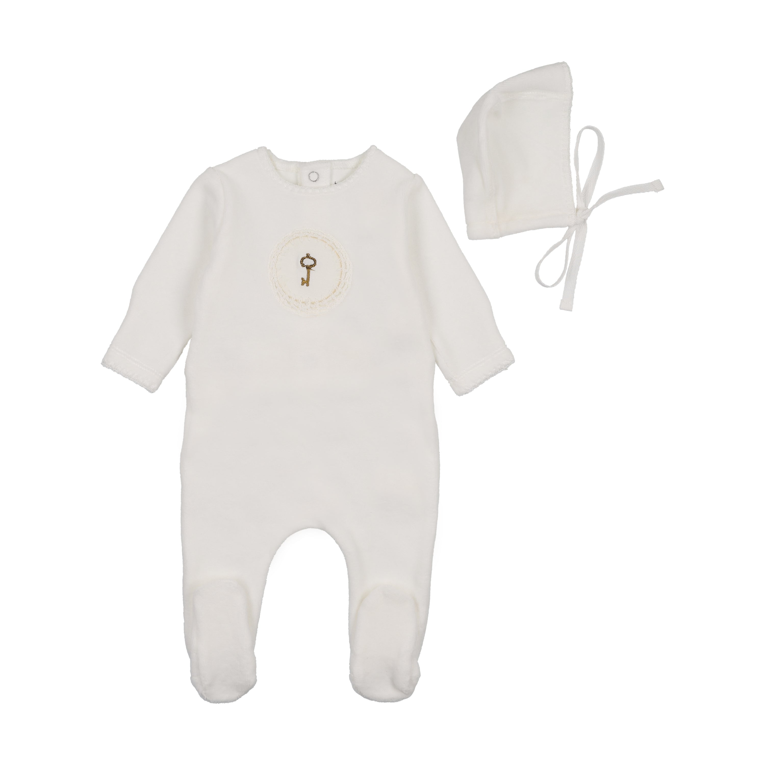 Bee & Dee Crochet key velour footie + bonnet