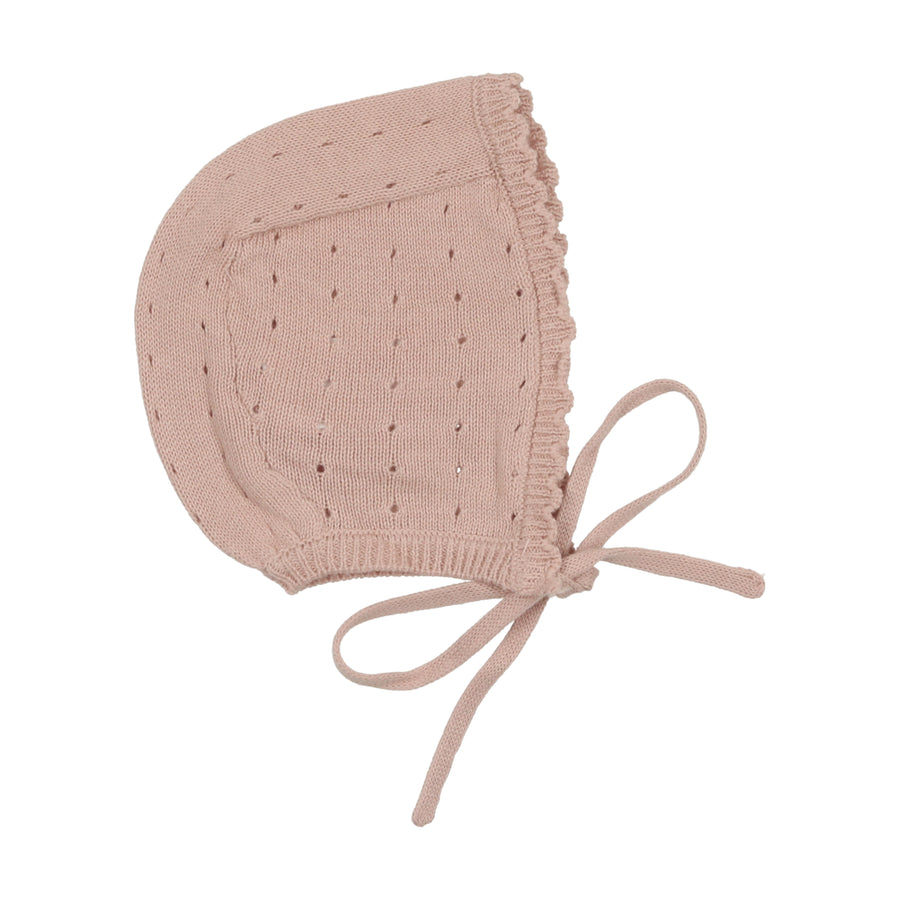 Dotted knit pink footie + bonnet by Lilette