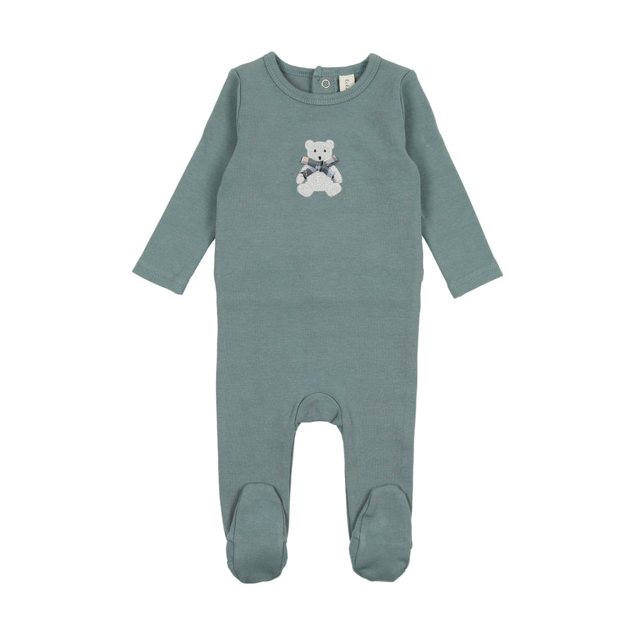 Embroidered blue bear footie by Lilette