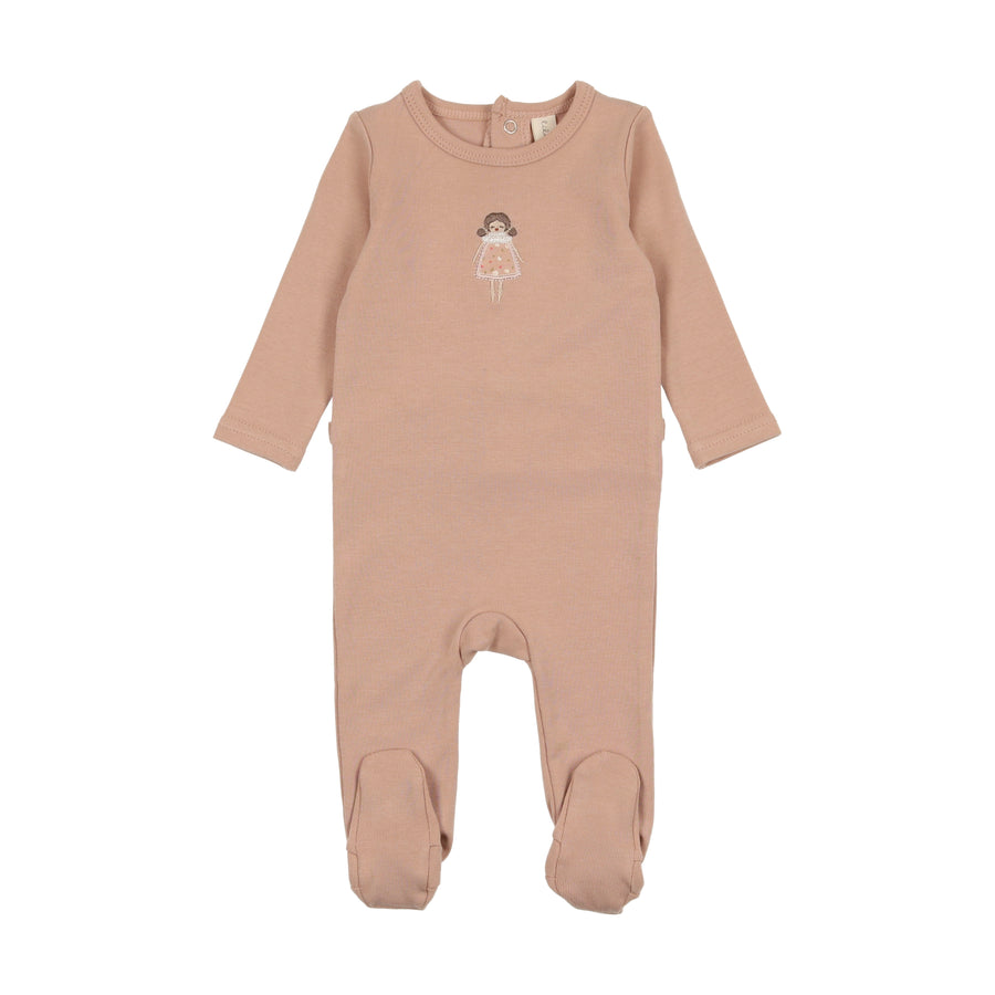 Embroidered pink doll footie by Lilette