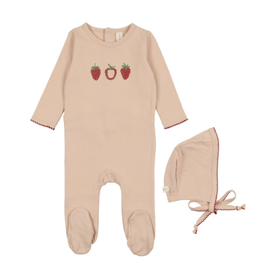 Strawberry embroidered peach footie by Lilette