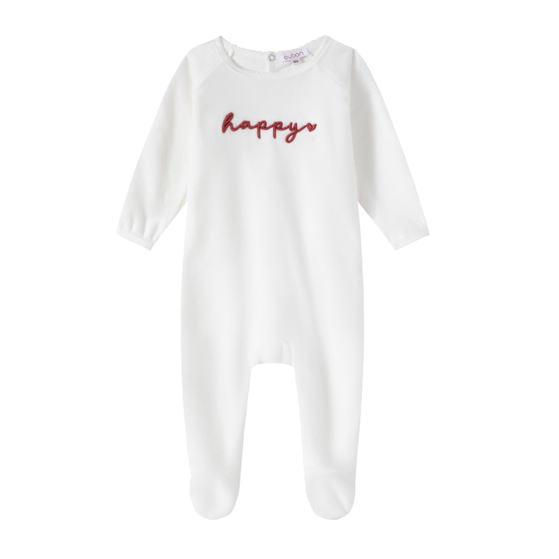 Happy embroidered velour footie by Oubon